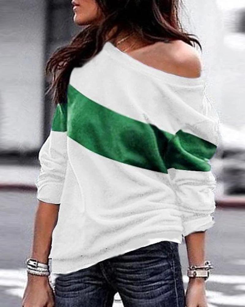 

Color Block Long Sleeve Casual Top, Green