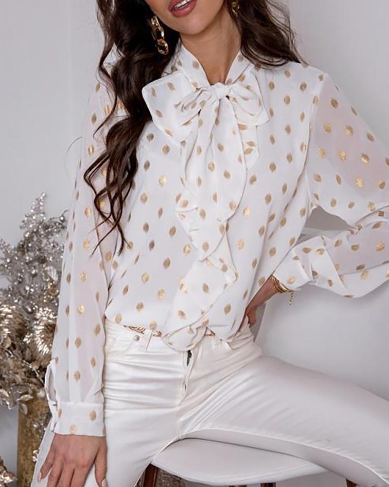 

Dot Print Bowknot Sheer Mesh Top, White