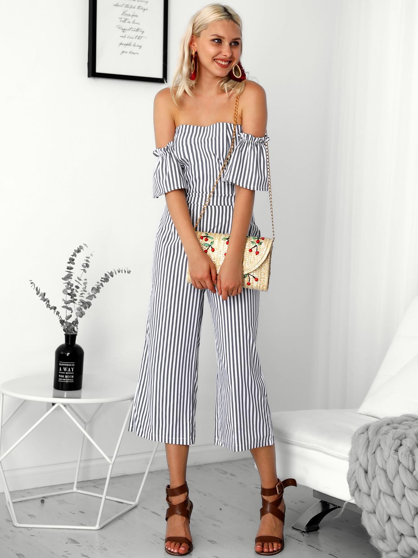 

Striped Flared Sleeve Bardot Wide Leg Jumpsuit, Gray