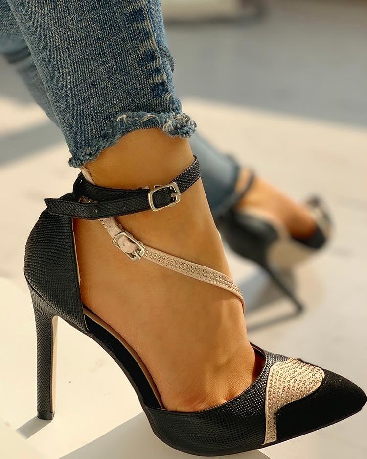 

Pointed Toe Gem-Studded Colorblock Thin Heels, Black