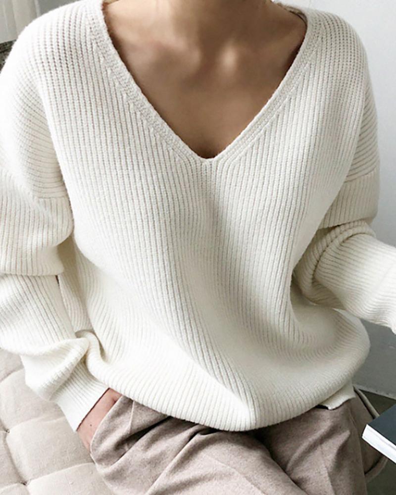 

Solid V-Neck Knit Casual Sweater, White
