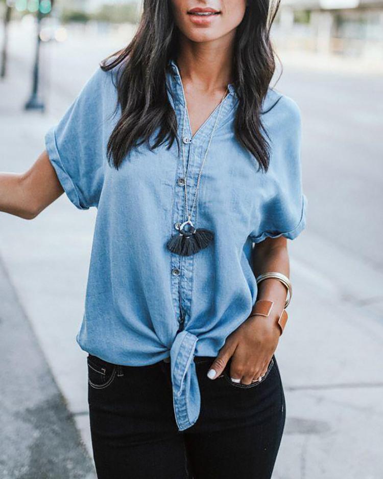 

Denim V-Neck Knotted Front Casual Blouse, Light blue