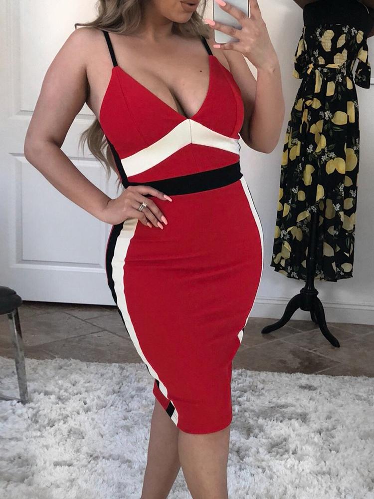 

Spaghetti Strap Patchwork Midi Dress, Red
