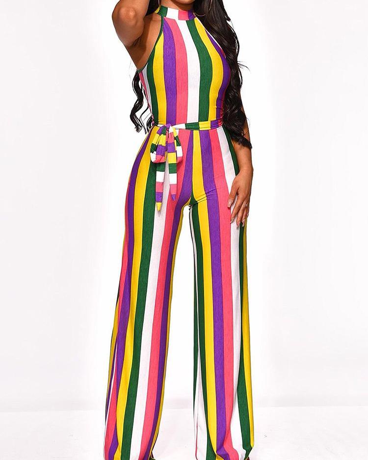 

Colorful Stripes Halter Wide Leg Jumpsuit