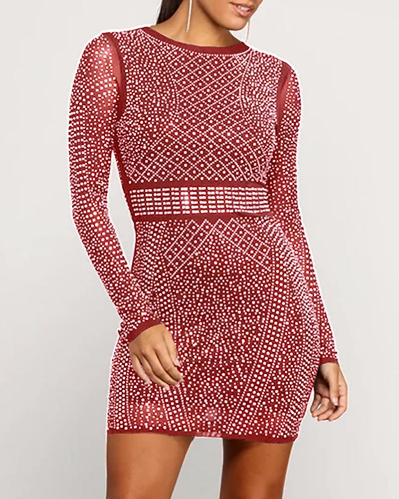 

Hot Stamping Sheer Mesh Bodycon Dress, Wine red