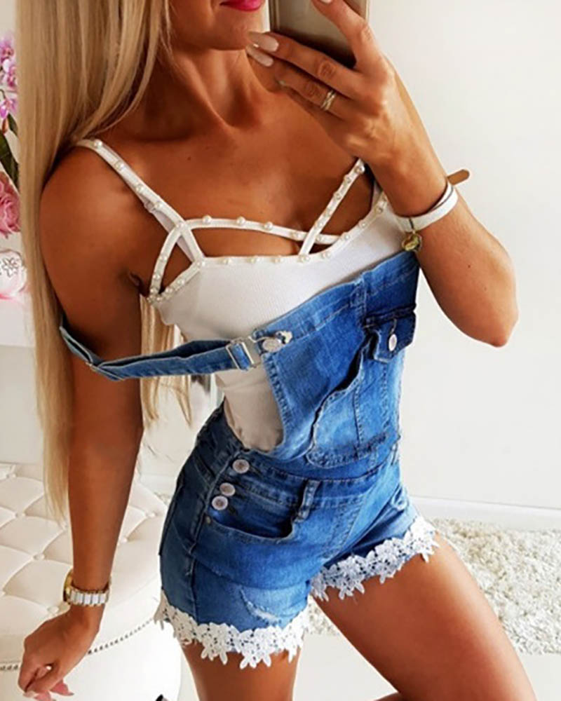 

Floral Embroidery Trim Denim Suspender Romper, Blue