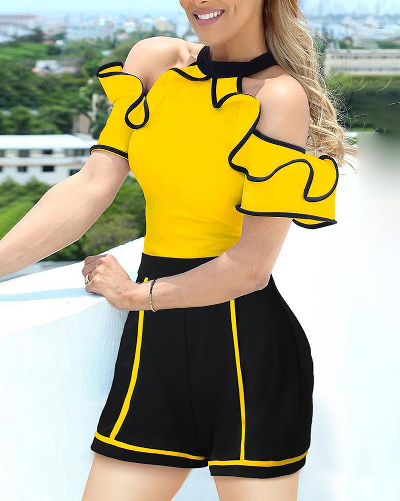 

Cold Shoulder Ruffles Colorblock Insert Romper, Yellow