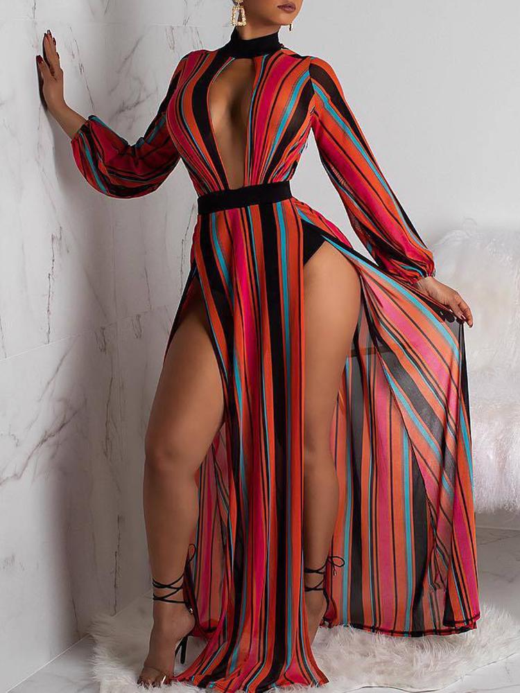 

Multi Color Stripes Open Front High Slit Party Dress, Multicolor