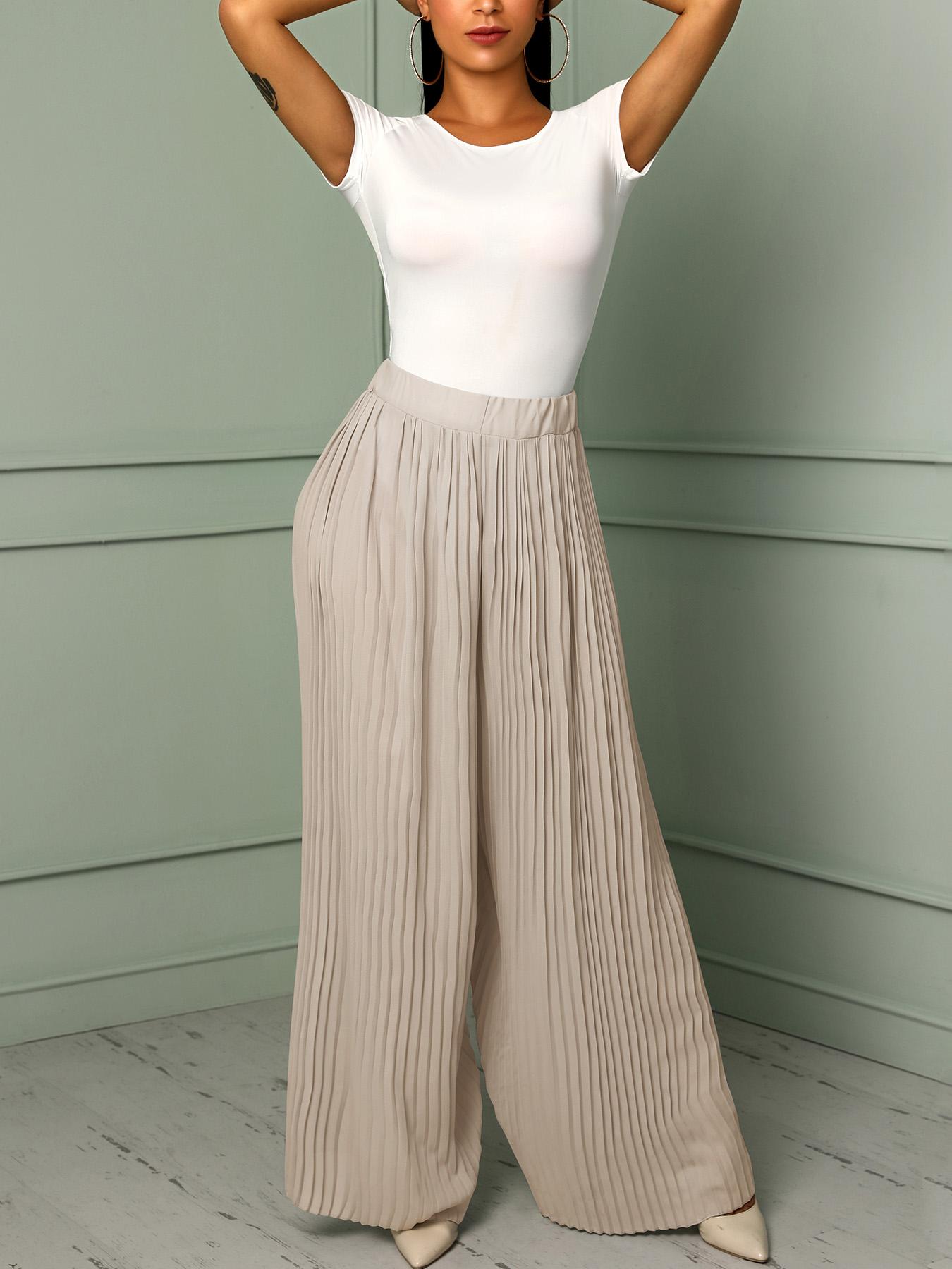 

Solid Pleated Wide Leg Casual Pants