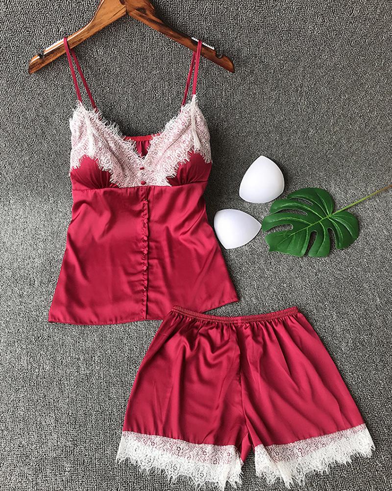 

Spaghetti Strap Lace Trim Sleepwear Cami Set, Wine red