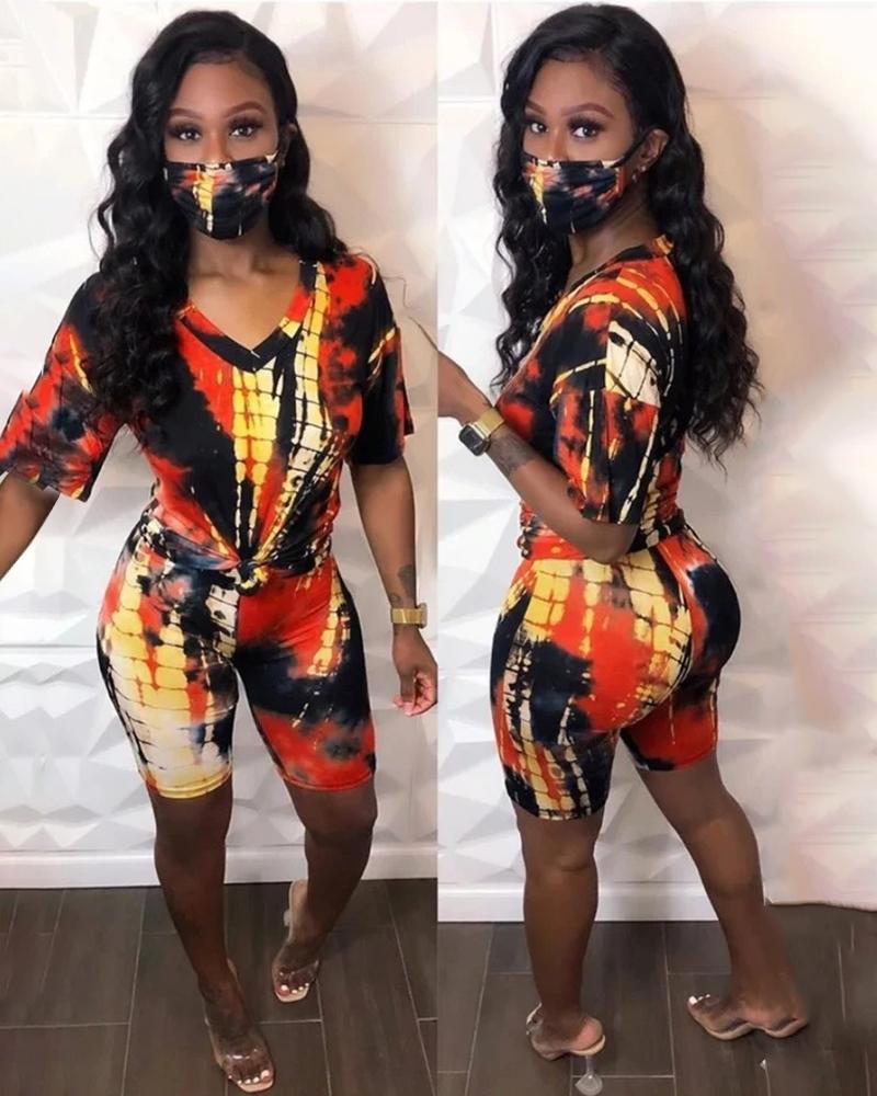 

V Neck Tie Dye Print Top & Shorts Set, Multicolor