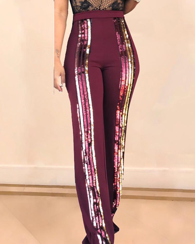 

High Waist Colorful Sequin Insert Pants