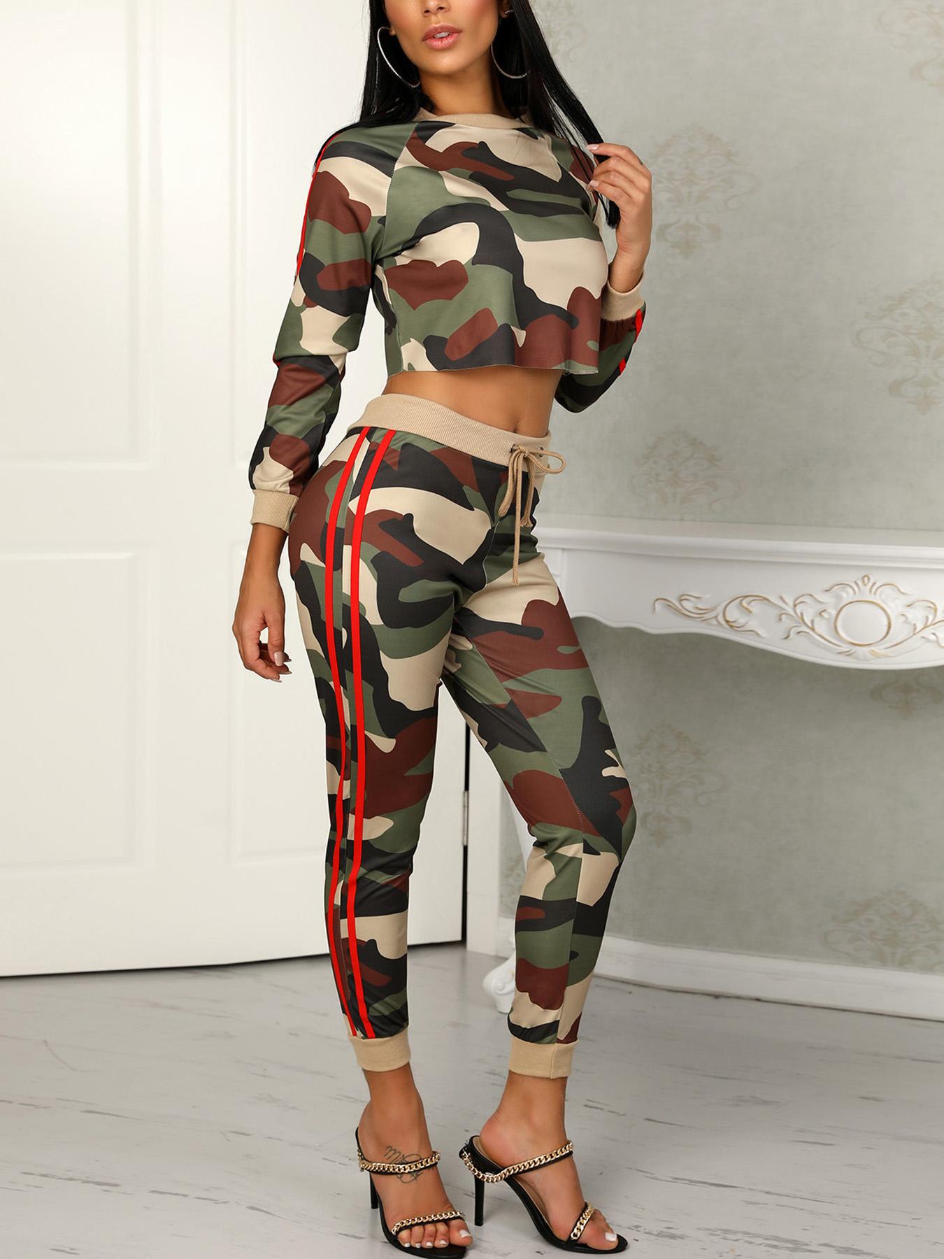 

Camo Striped Tape Crop Top & Drawstring Pant Sets