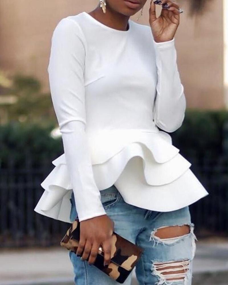 

Solid Long Sleeve Layered Ruffles Blouse, White