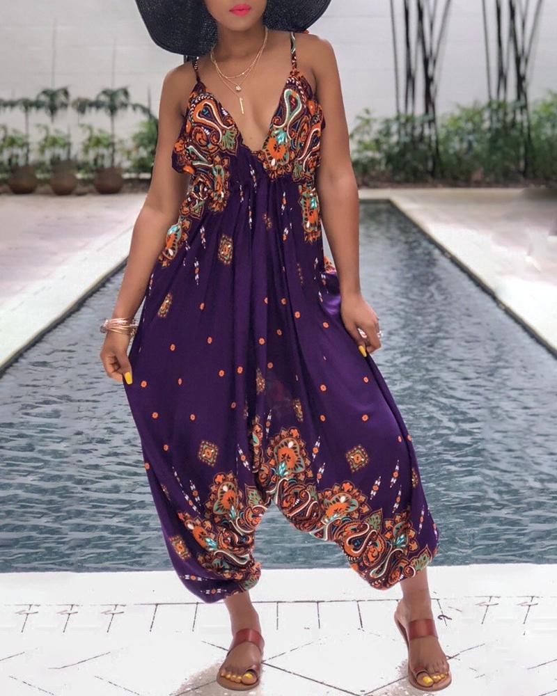 

V Neck Sling Baggy Jumpsuit, Purple