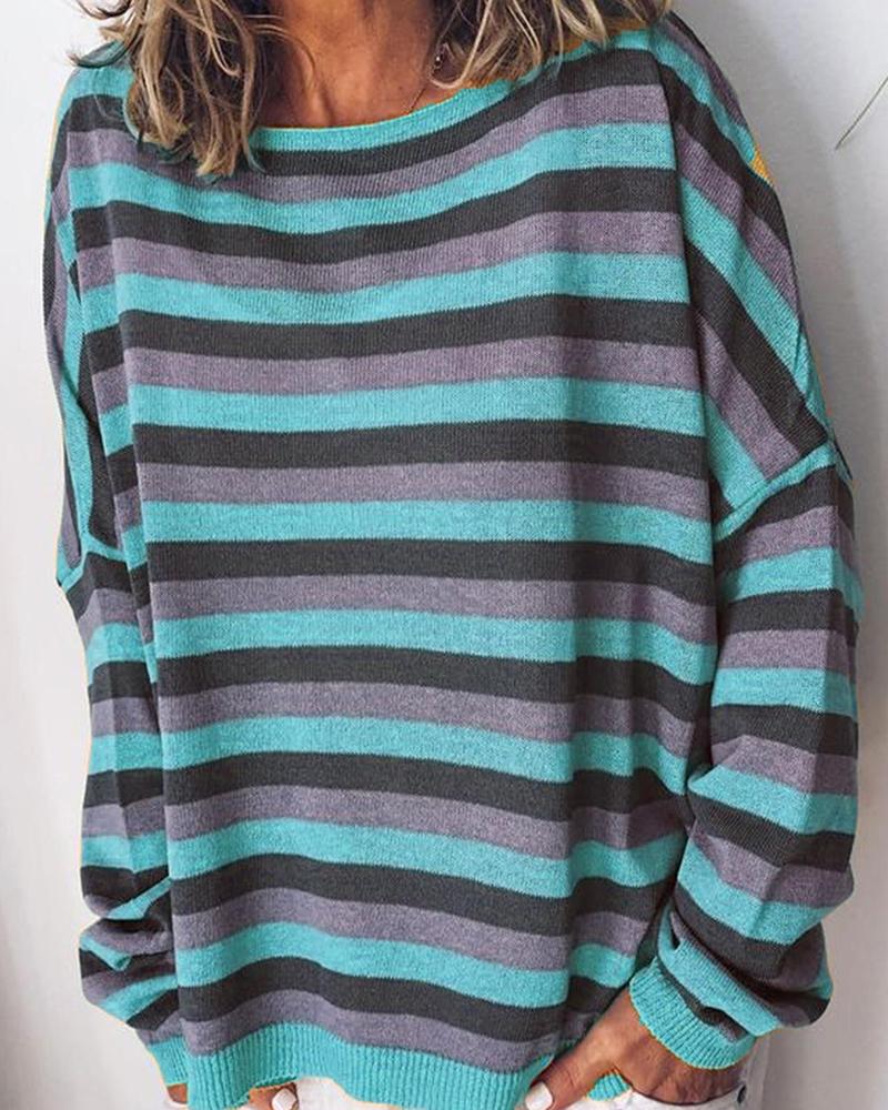 

Long Sleeve Striped Knit Sweater, Blue