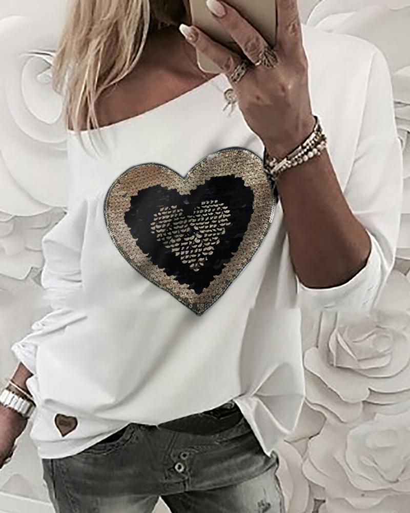 

Skew Neck Sequins Heart Pattern Long Sleeve T-shirt, White