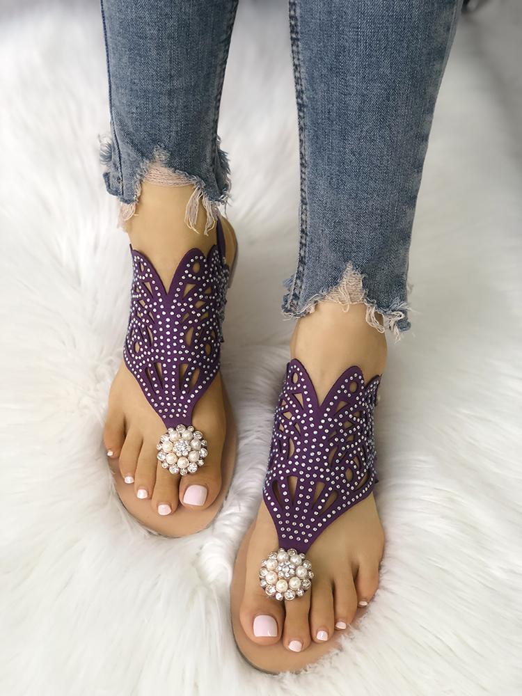 

Sequins Embellished Hollow Out Toe Post Sandals, Purple