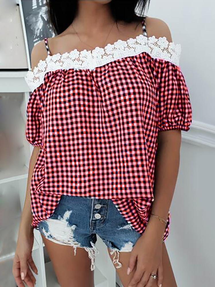 

Grid Print Flower Lace Splicing Casual Top