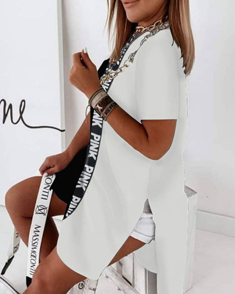 

High Slit Letter Print Colorblock T-shirt Dress, Black