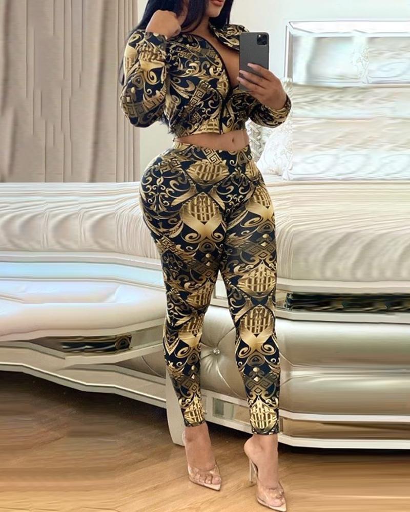 

Deep V-Neck Print Long Sleeve Top & Pant Sets, Dark yellow