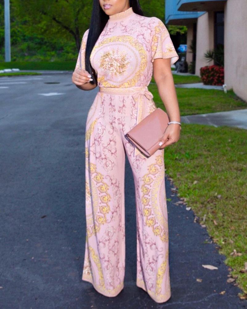 

Vintage Print Top & Wide Leg Pant Sets, Pink