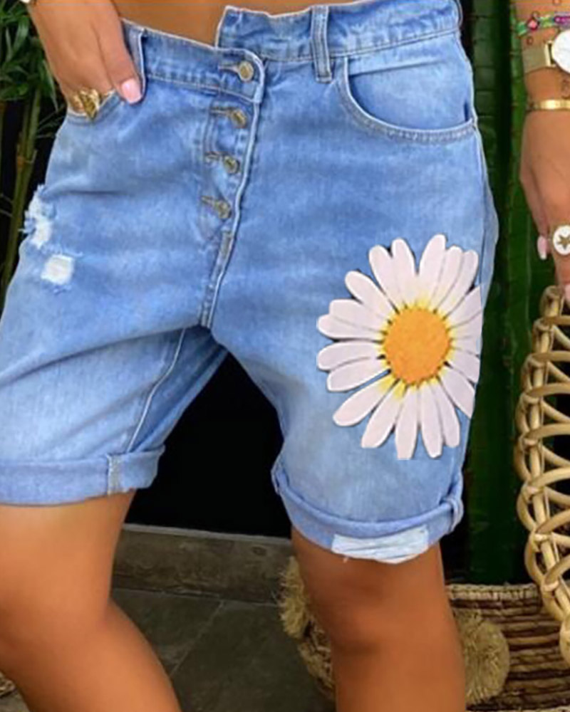 

Daisy Print Ripped Casual Denim Shorts, Blue