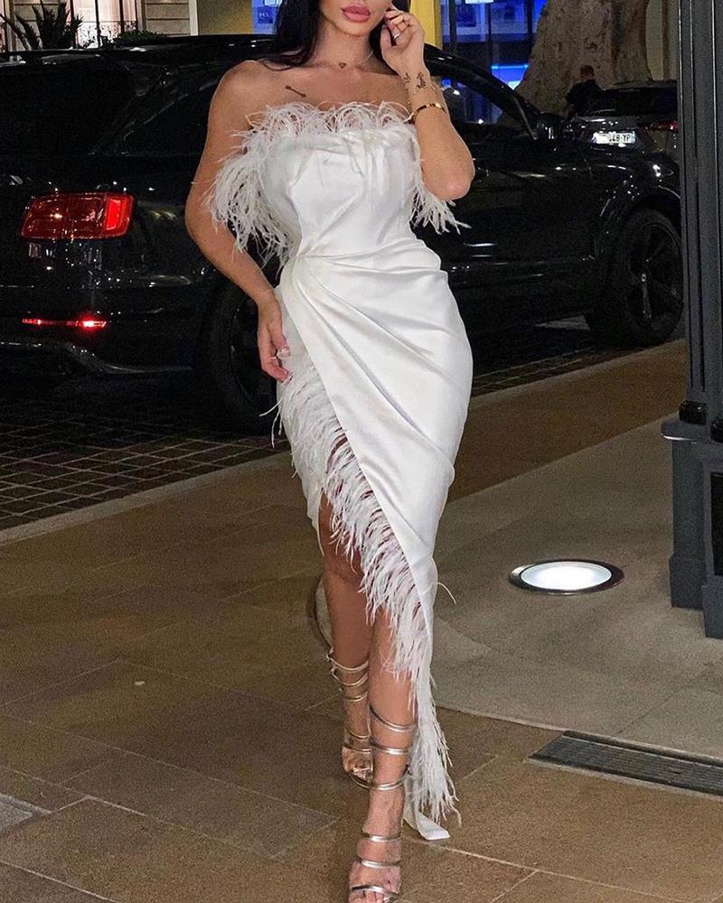 

Solid Feather Design High Slit Maxi Dress