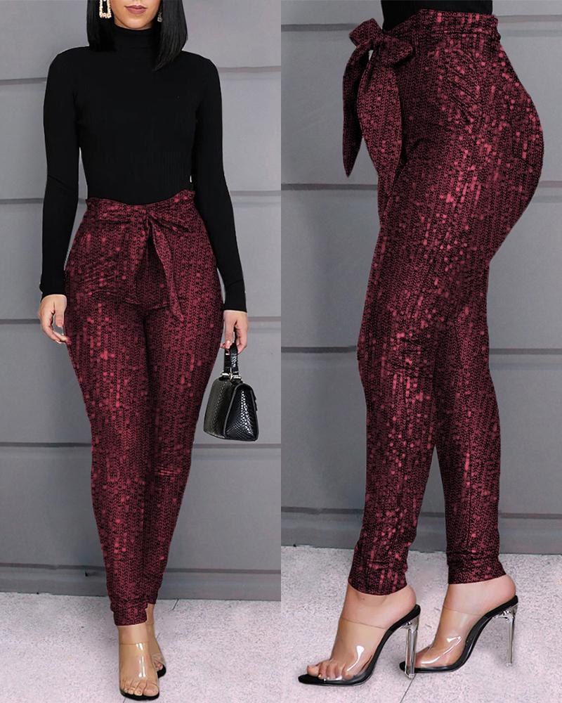 

Glitter Sequins Belted Skinny Pants, Red