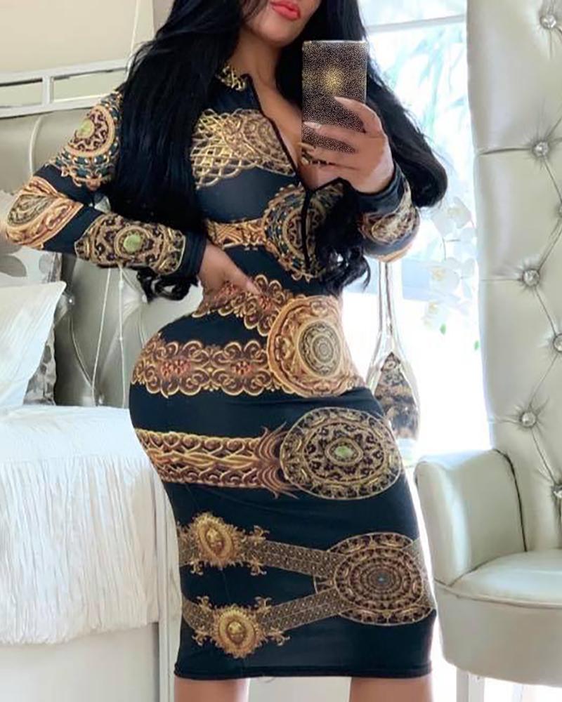 

Baroque Print Zipper Detail Bodycon Dress, Black