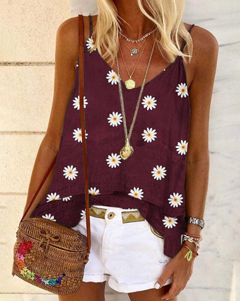 

Daisy Print V-neck Casual Tank Top, Wine red