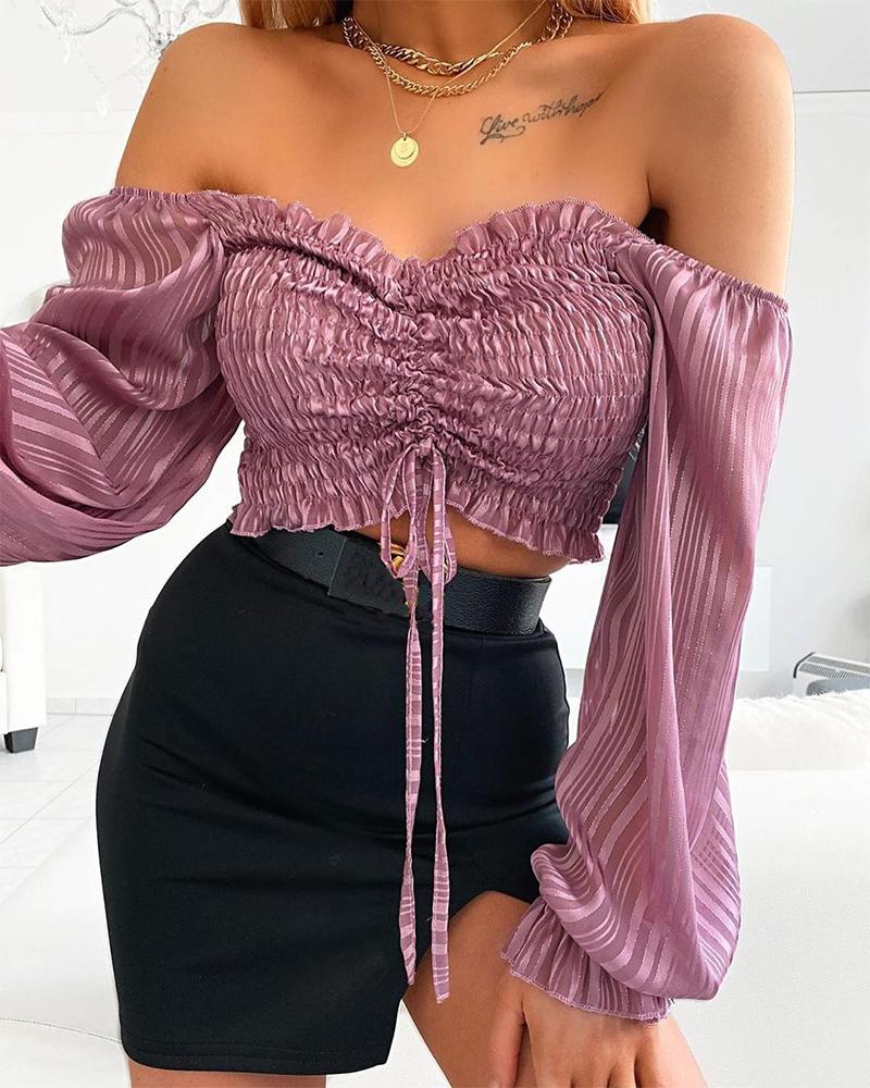 

Drawstring Ruched Off Shoulder Top, Beige