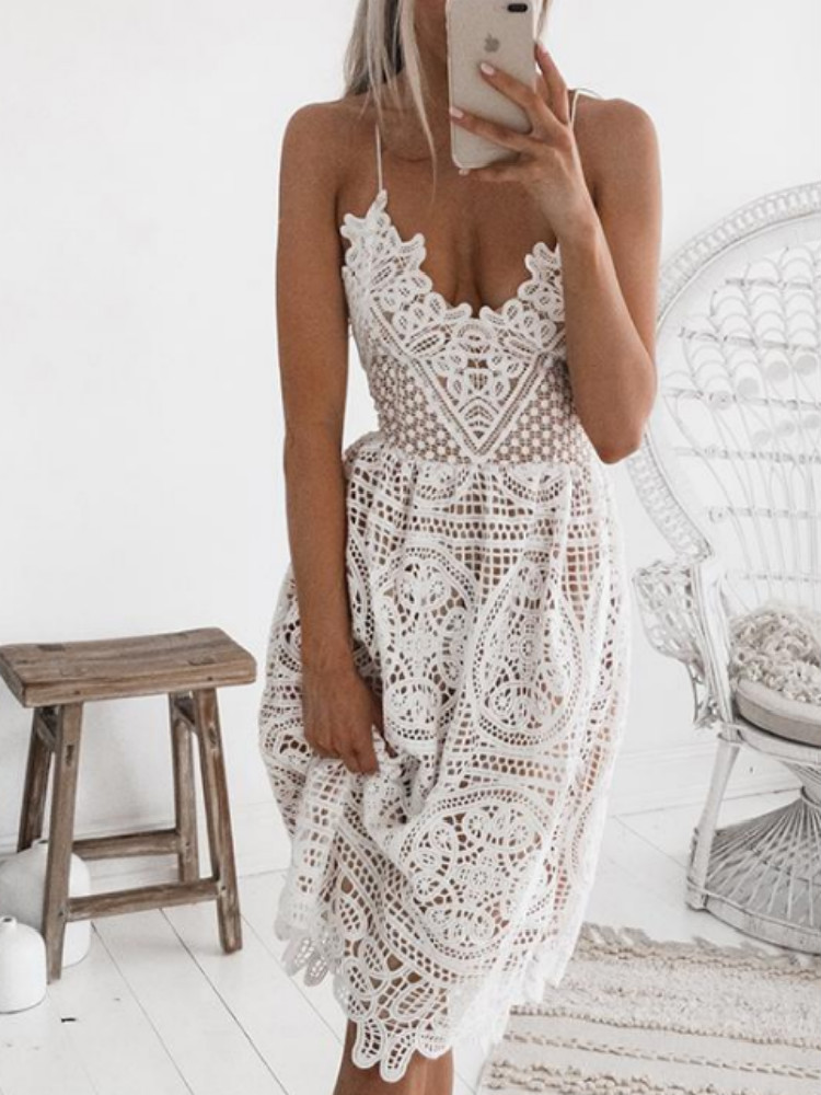 

Alluring Backless Crochet Lace Hollow Out Slip Dress, White