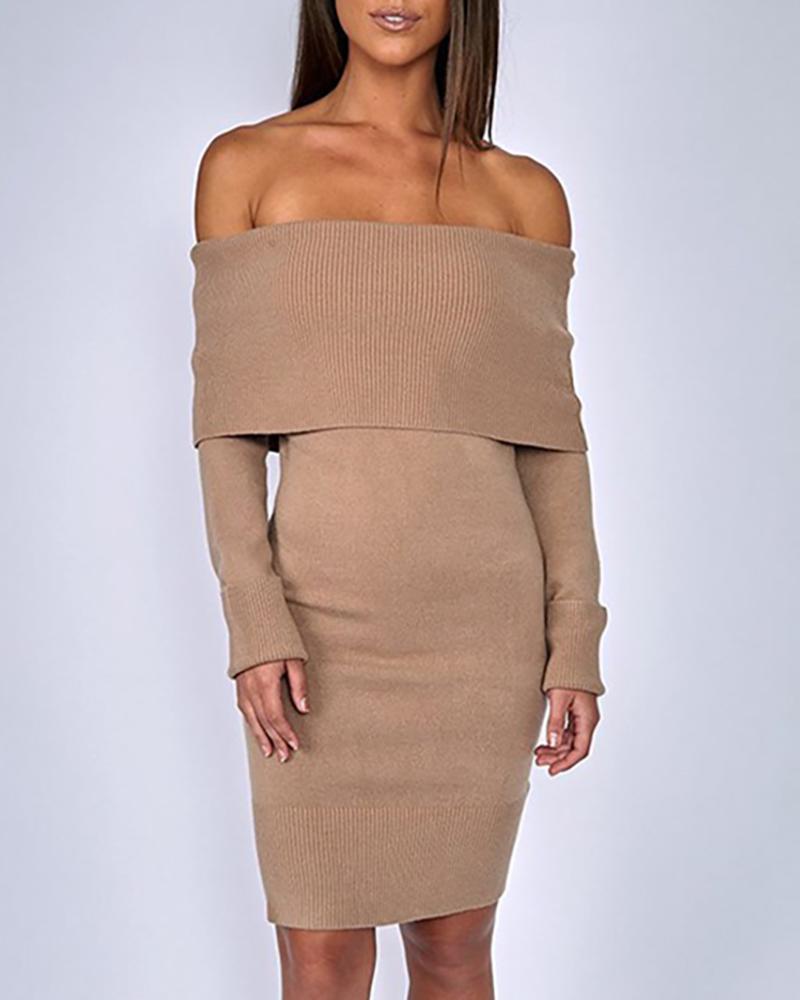 

Solid Off Shoulder Ribbed Knitting Bodycon Dress, Khaki
