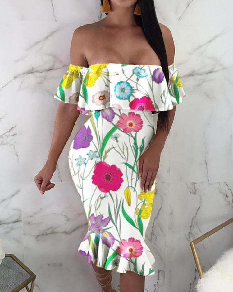 

Floral Print Off Shoulder Bodycon Dress, White