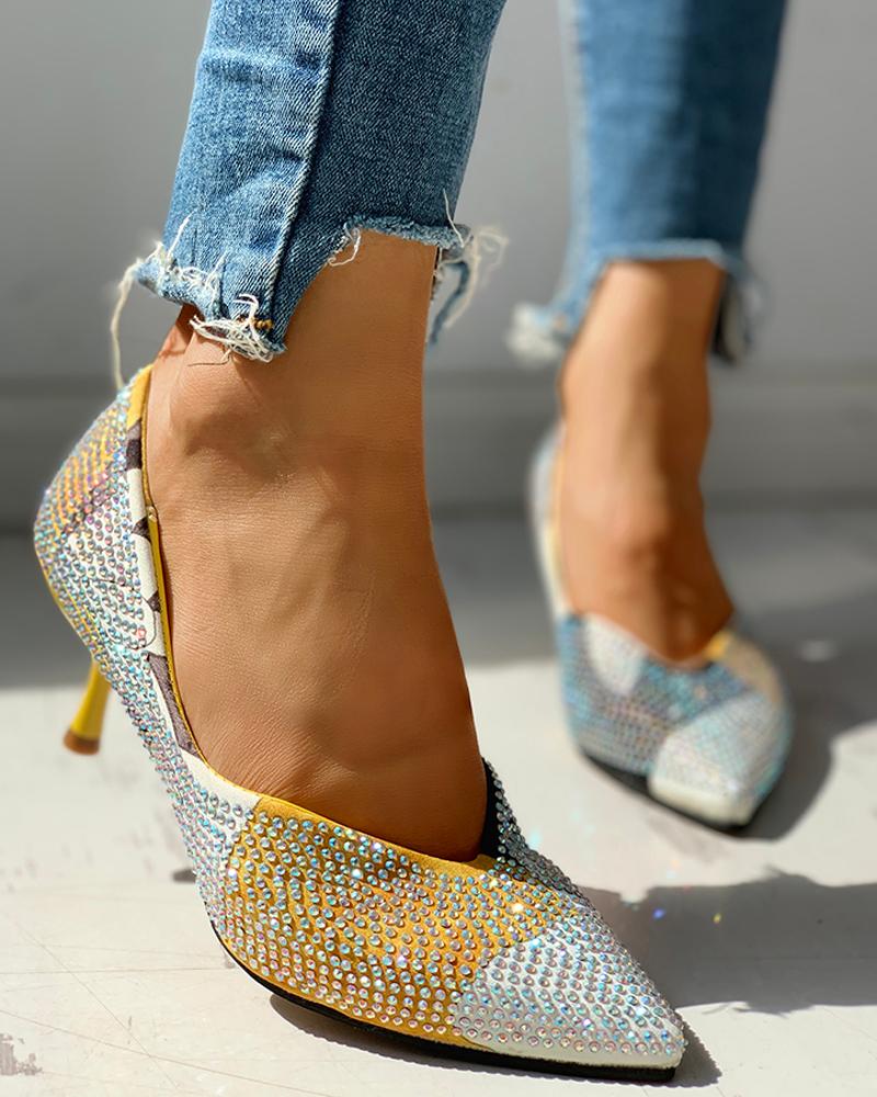 

Diamante Trim Casual Thin Heels, Yellow