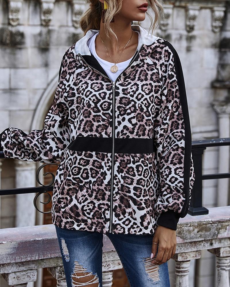 

Cheetah Print Colorblock Pocket Design Hooded Top, Leopard