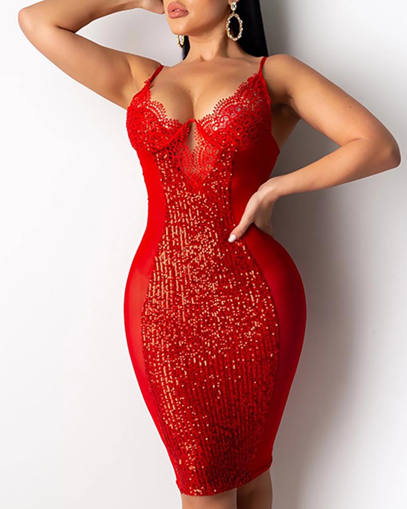

Spaghetti Strap Eyelash Lace Mesh Sequins Dress, Red