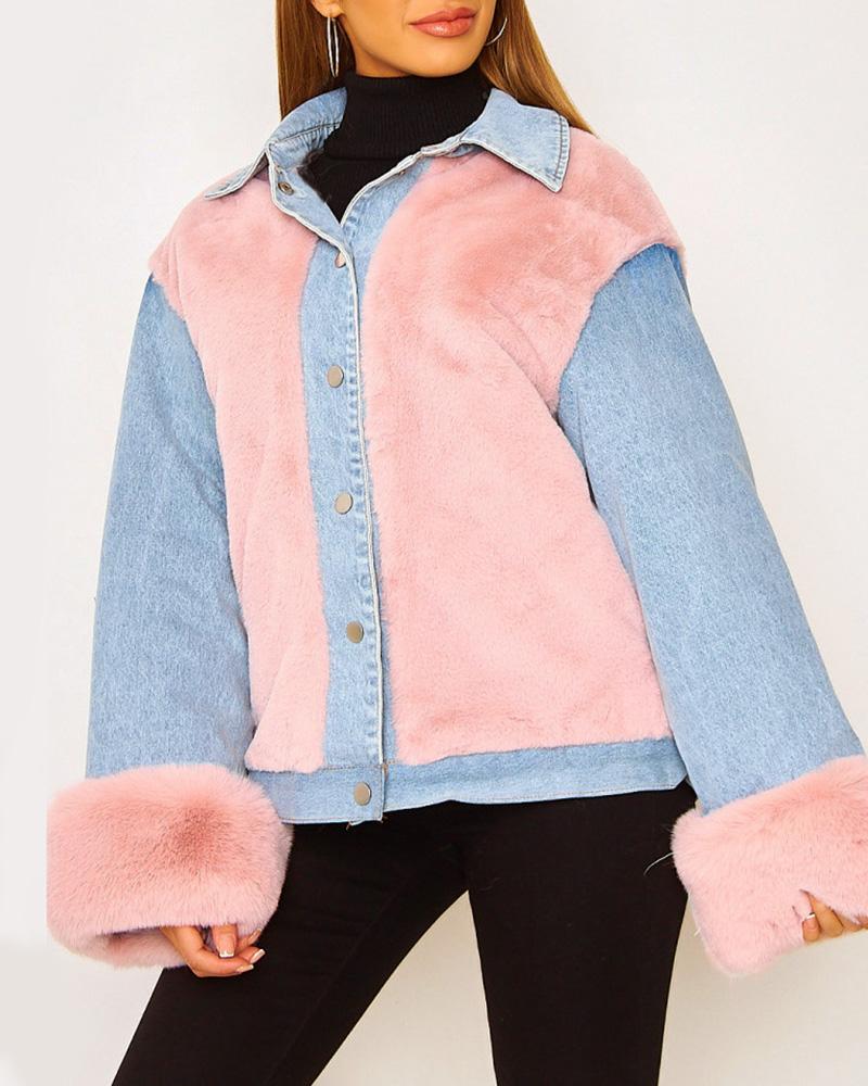 

Fluffy Button Design Long Sleeve Denim Coat, Pink
