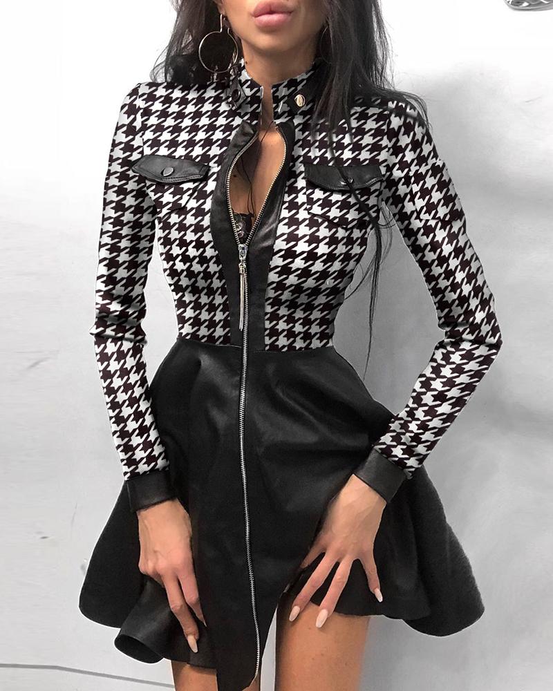 

Houndstooth Print Zipper Pockets Design PU Dress, Black