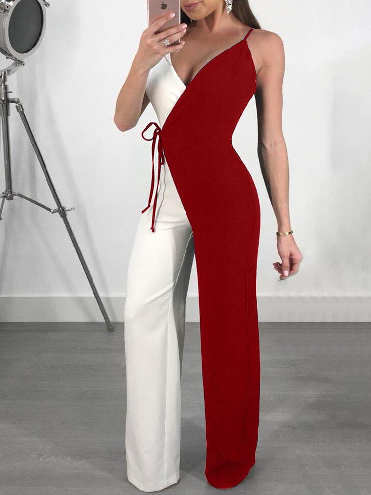 

Contrast Color Spaghetti Strap Wrapped Wide Leg Jumpsuit