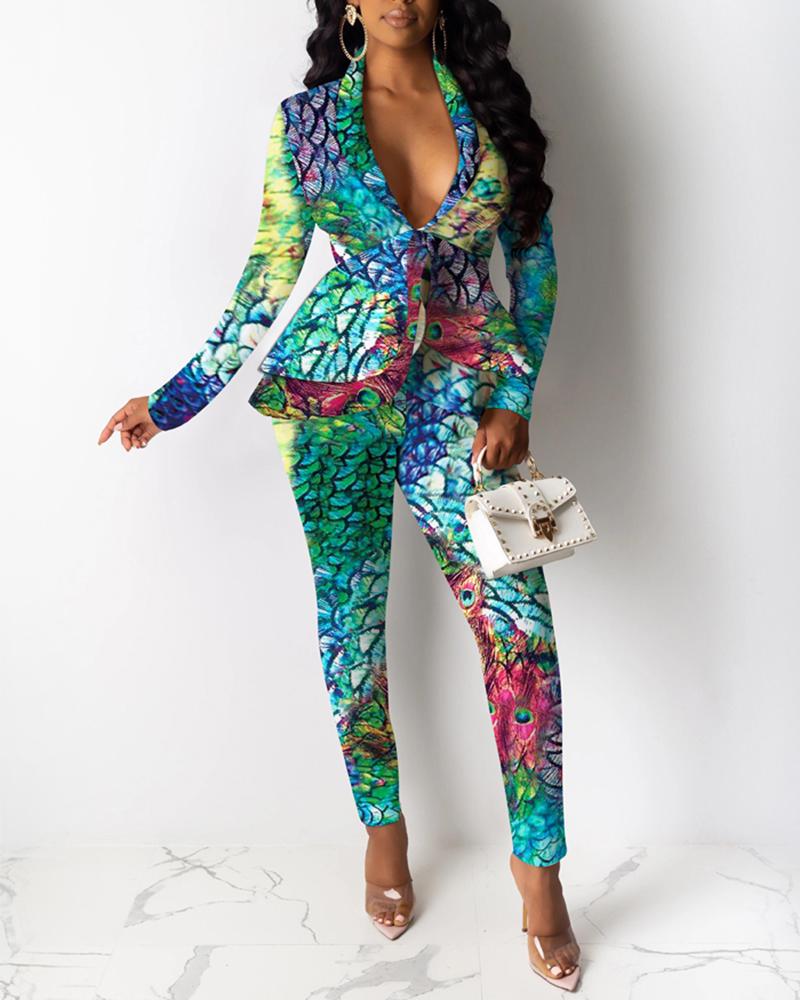 

V-Neck Layered Ruffles Print Long Sleeve Blazer & Pants Sets, Green