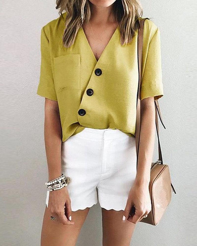 

Irregular Button V-neck Short-sleeved Top, Yellow