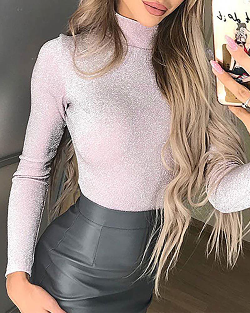 

Glitter High Neck Long Sleeve Blouse, Silver