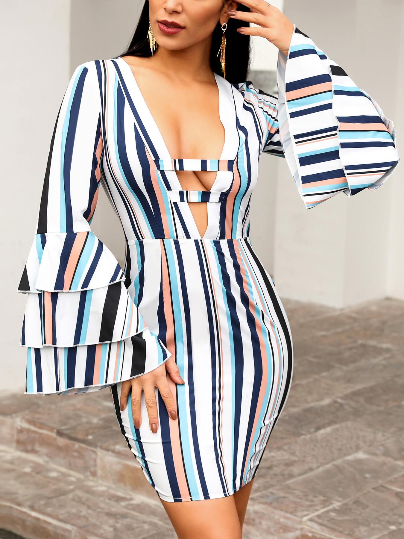 

Contrast Stripes Layered Sleeve Bodycon Dress