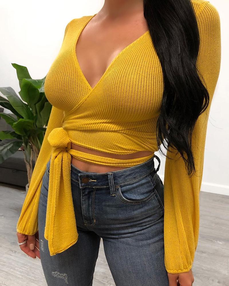 

Deep V-Neck Bandage Detail Casual Blouse, Yellow