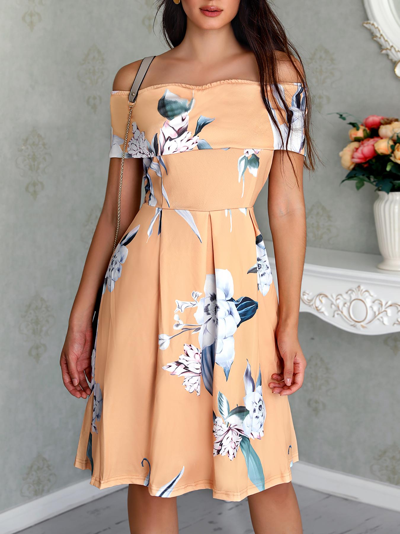 

Floral Print Fold-over Off Shoulder Pleated Dress