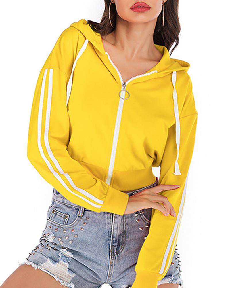 

Colorblock Striped Tape Zipper Hooded Sweatshirt, Yellow