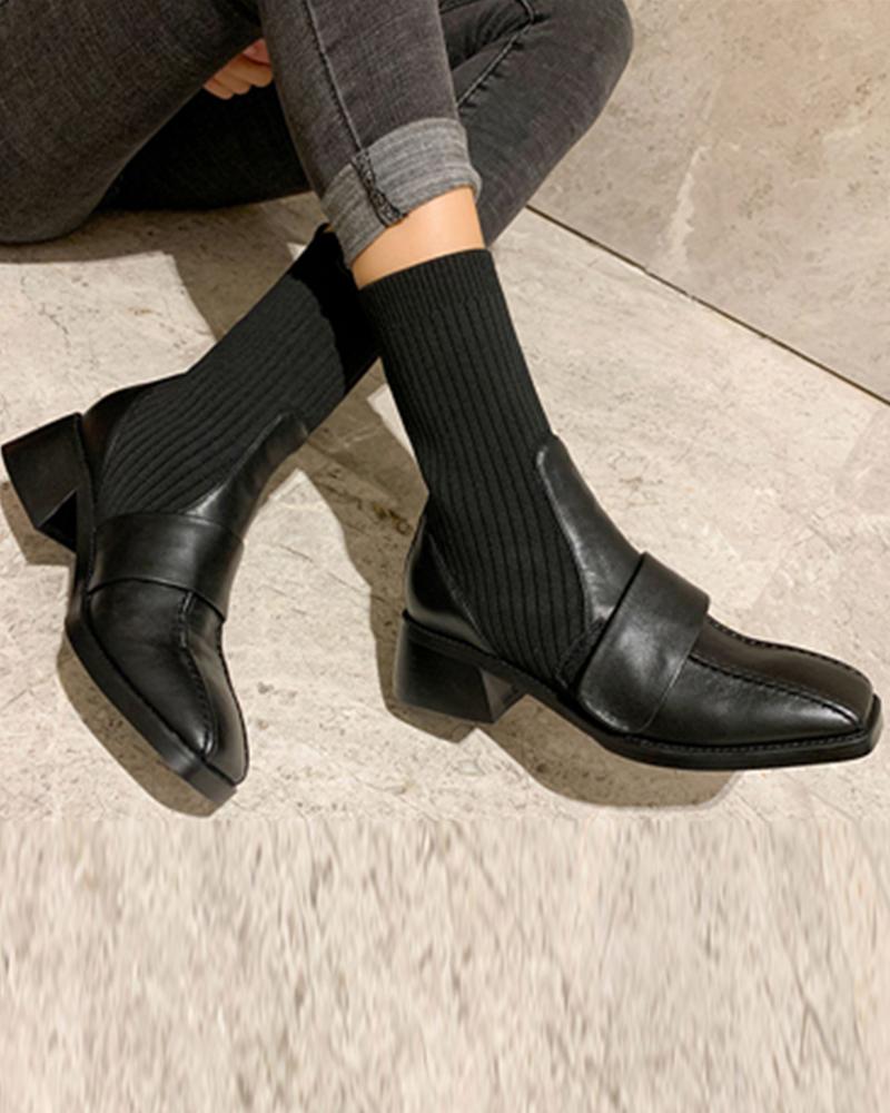 

Faux Leather & Knit Mid Calf Boots, Black