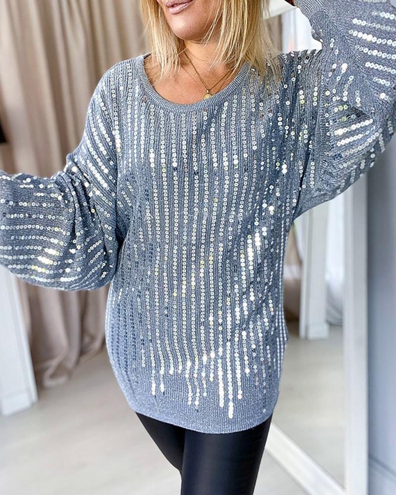 

Sequins Batwing Sleeve Casual Sweater, Gray